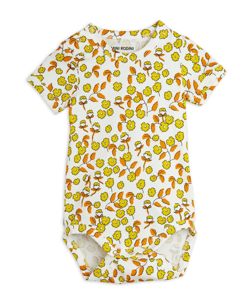 Mini Rodini Flowers Short Sleeve Onesie | on Off-white backing | sizes up to 18 months | Snap close at shoulder and legs