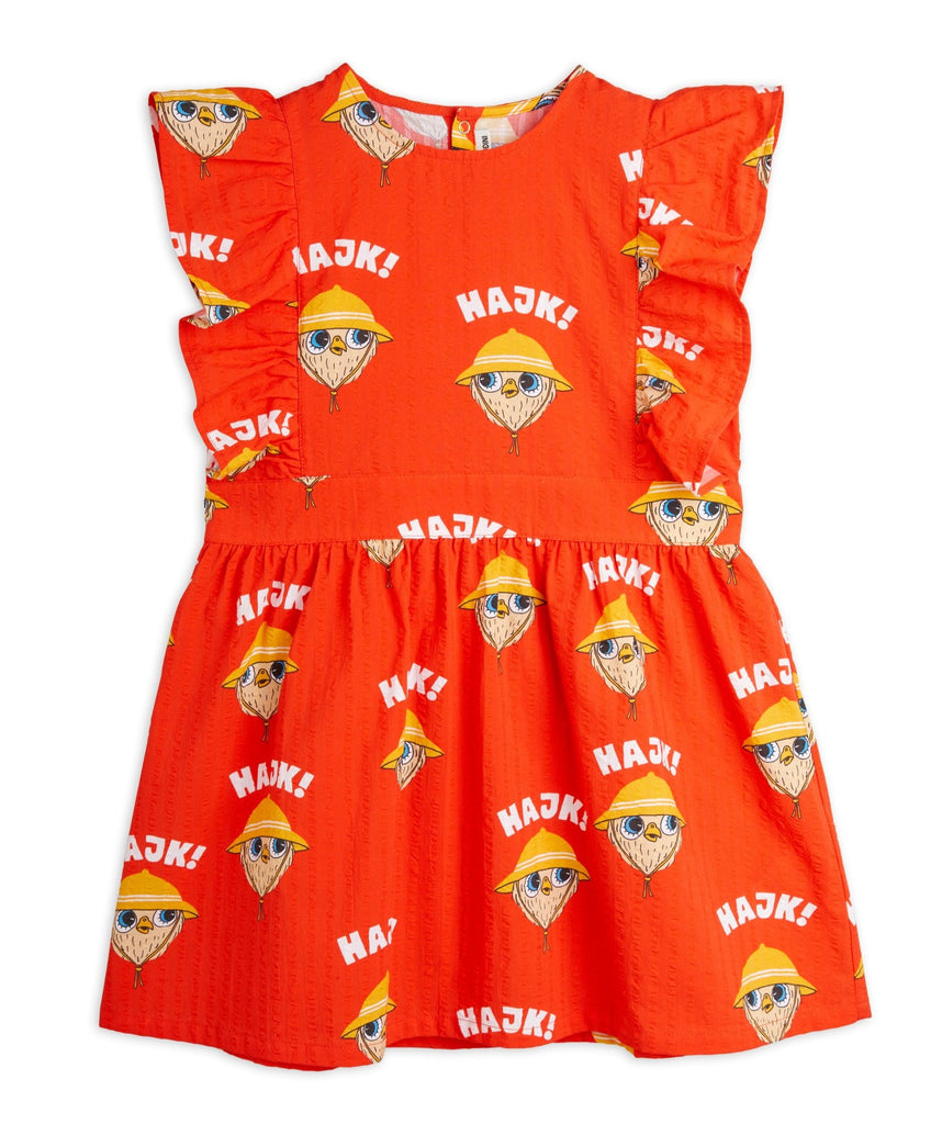 Let's Hajk! ('hike' in Swedish) Print Dress | Organic Cotton Muslin | Ruffled from Shoulder to Waist | Baby Owl with Hat Print | Red | Snap close in back