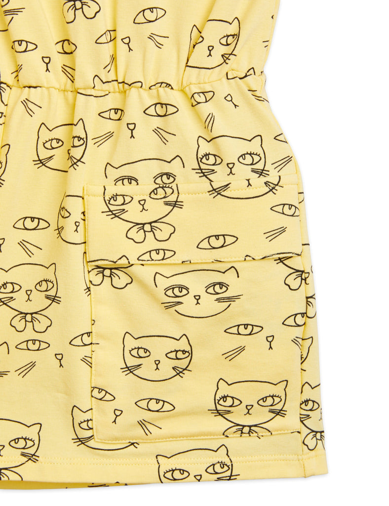 Mini Rodini Cat Print on Yellow Romper | Sleeveless | Organic Cotton Jersey  | Patch Pockets on Front