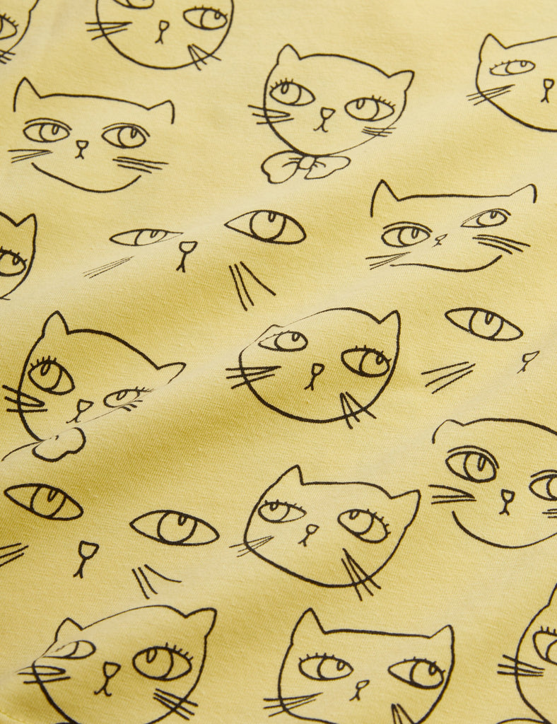 Mini Rodini Cat Print on Yellow Romper | Sleeveless | Organic Cotton Jersey  | Patch Pockets on Front - closeup
