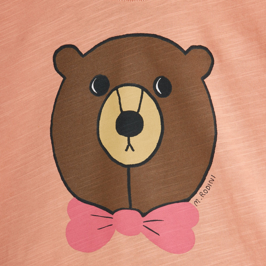 Pink Cotton Tee Shirt with Bear Face on front | short sleeve | open at waist | oversized | drop shoulder | closeup