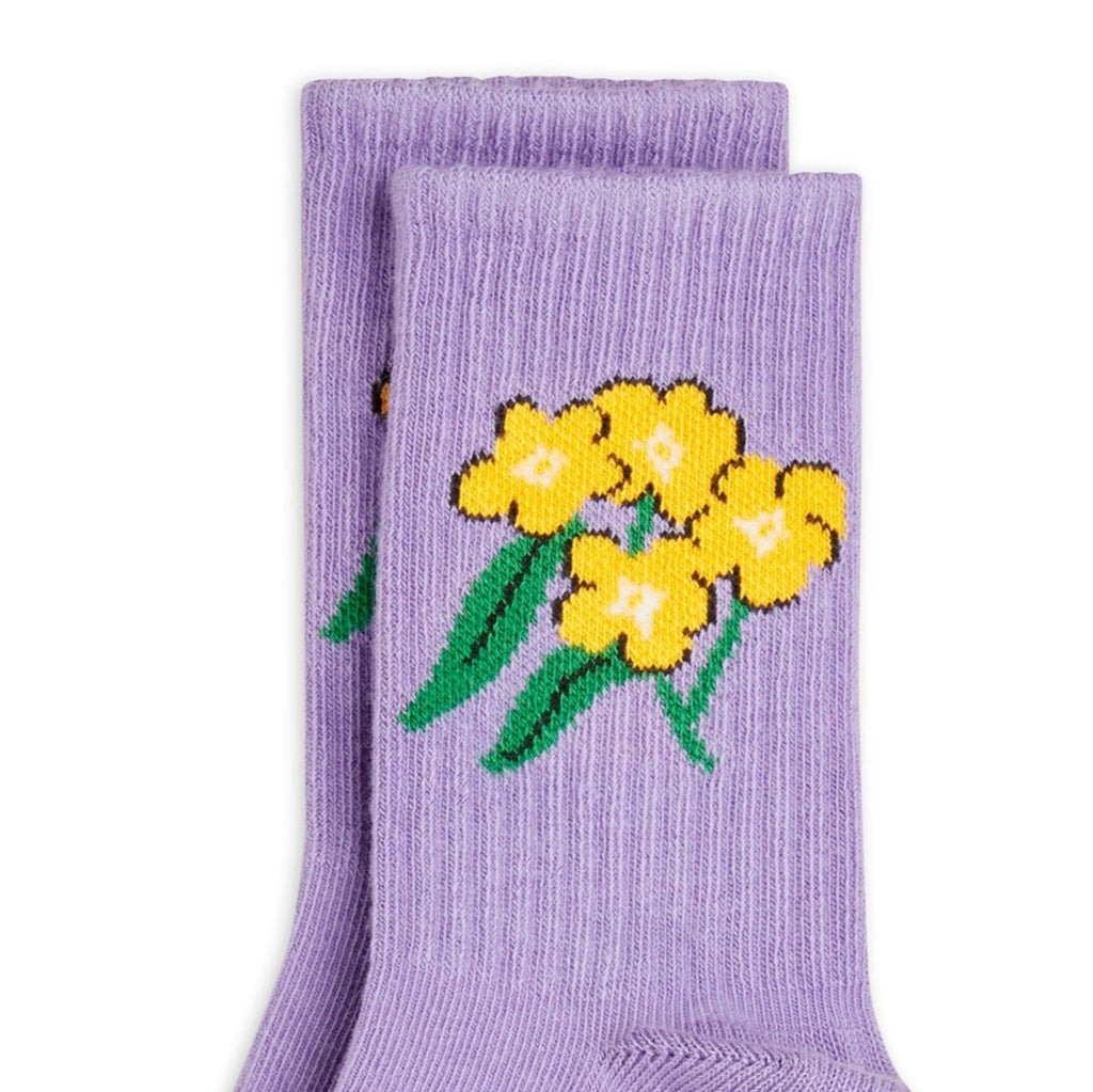 Purple socks with yellow Alpine floral design. organic cotton