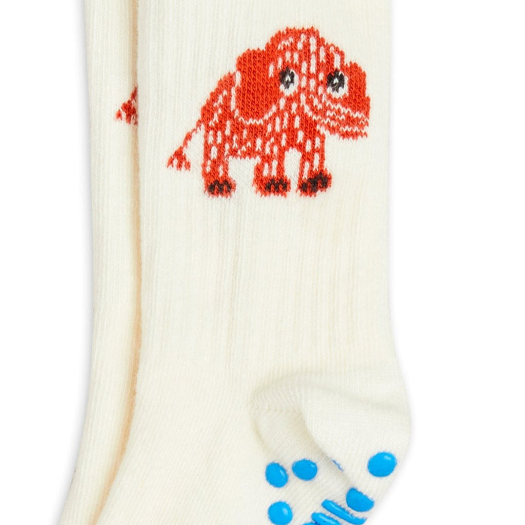 White socks with mammoth design and blue non-slip dots