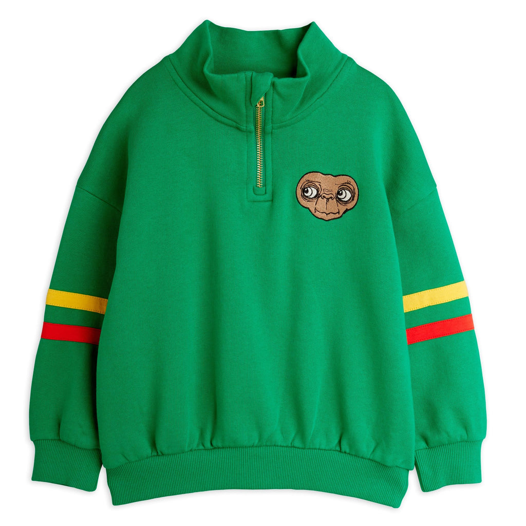 Mini Rodini E. T. limited release green sweatshirt | half-zip front | standup collar | red & yellow stripes on sleeves | banded at wrist & waist | front of shirt