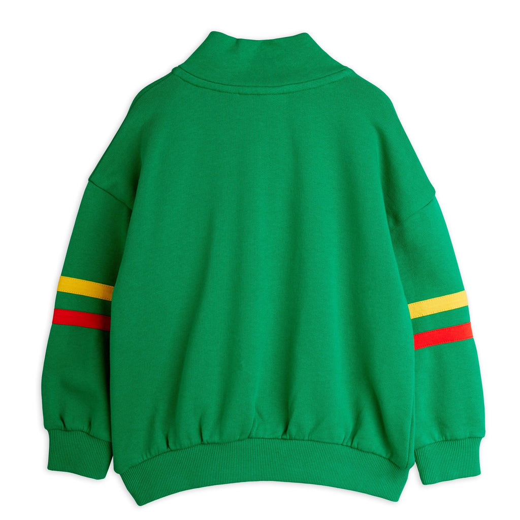 Mini Rodini E. T. limited release green sweatshirt | half-zip front | standup collar | red & yellow stripes on sleeves | banded at wrist & waist | back of shirt