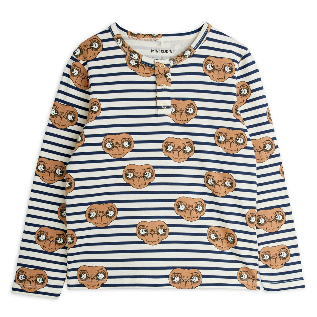 Mini Rodini long sleeve E. T. Tee | round neck w/ 3 snap close | open at wrist & waist | front of shirt