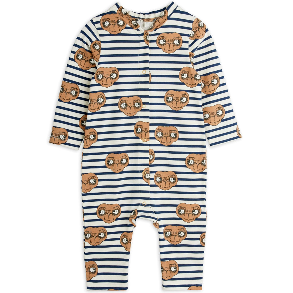 Mini Rodini Striped E. Infant Playsuit | Snap Front | Fun E.T. Print | Front of suit