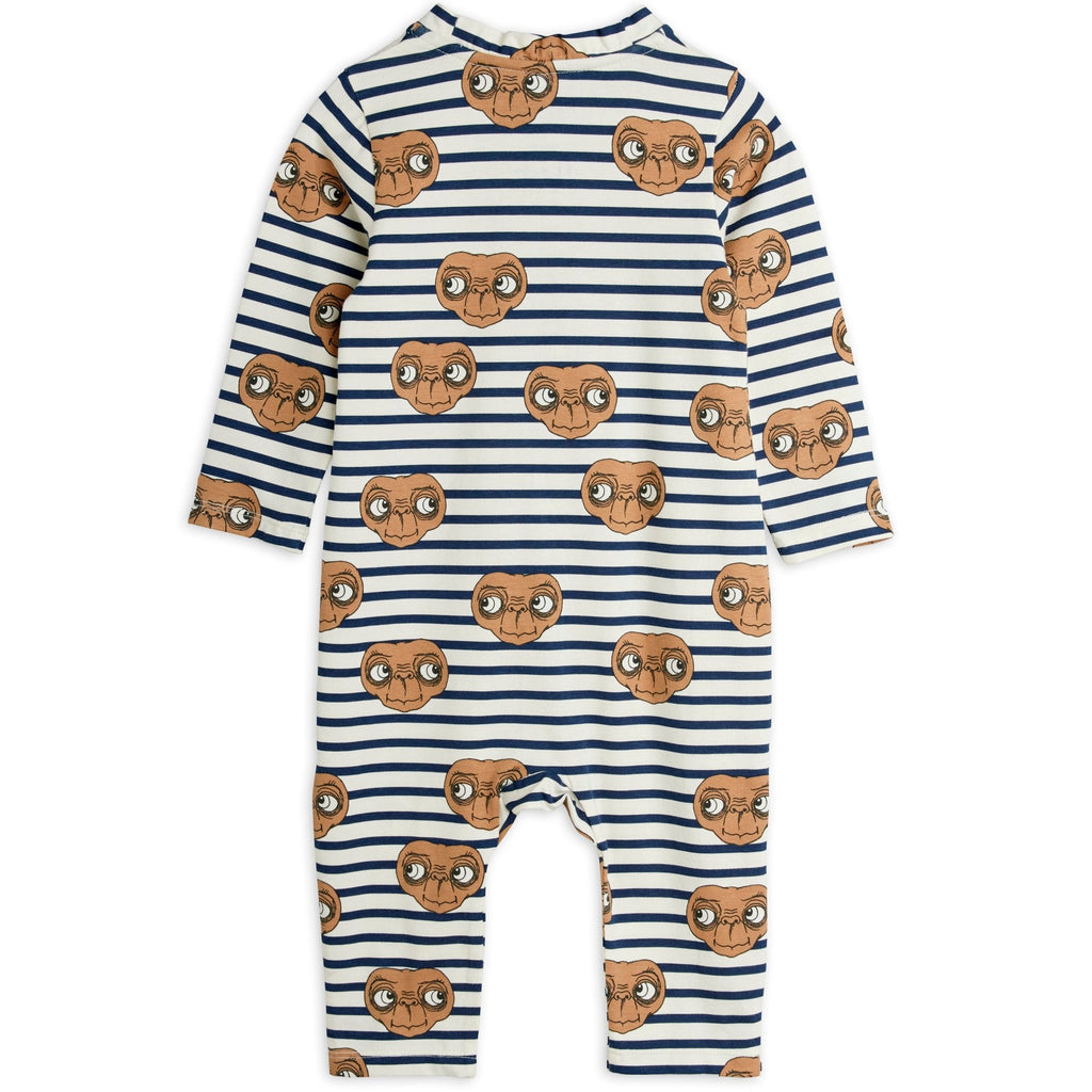 Mini Rodini Striped E. Infant Playsuit | Snap Front | Soft quality cotton | Fun E.T. Print | Front of suit | print closeup | back of suit
