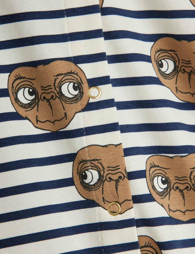 Mini Rodini Striped E. Infant Playsuit | Snap Front | Soft quality cotton | Fun E.T. Print | Front of suit | print closeup
