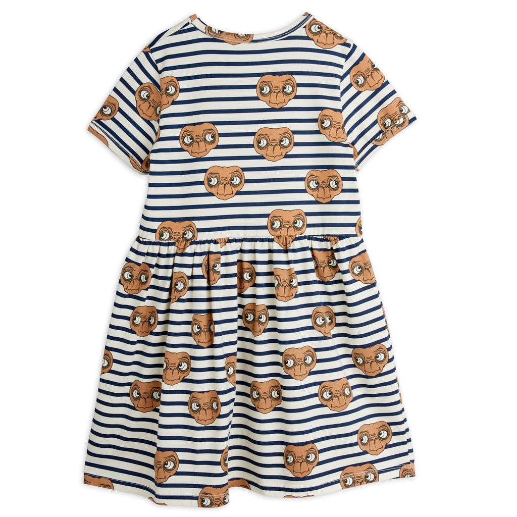 Organic cotton striped dress with E.T. print | 100% cotton | gathered at waist, full skirt | short sleeves | slight scoop neck | knee length | back of dress
