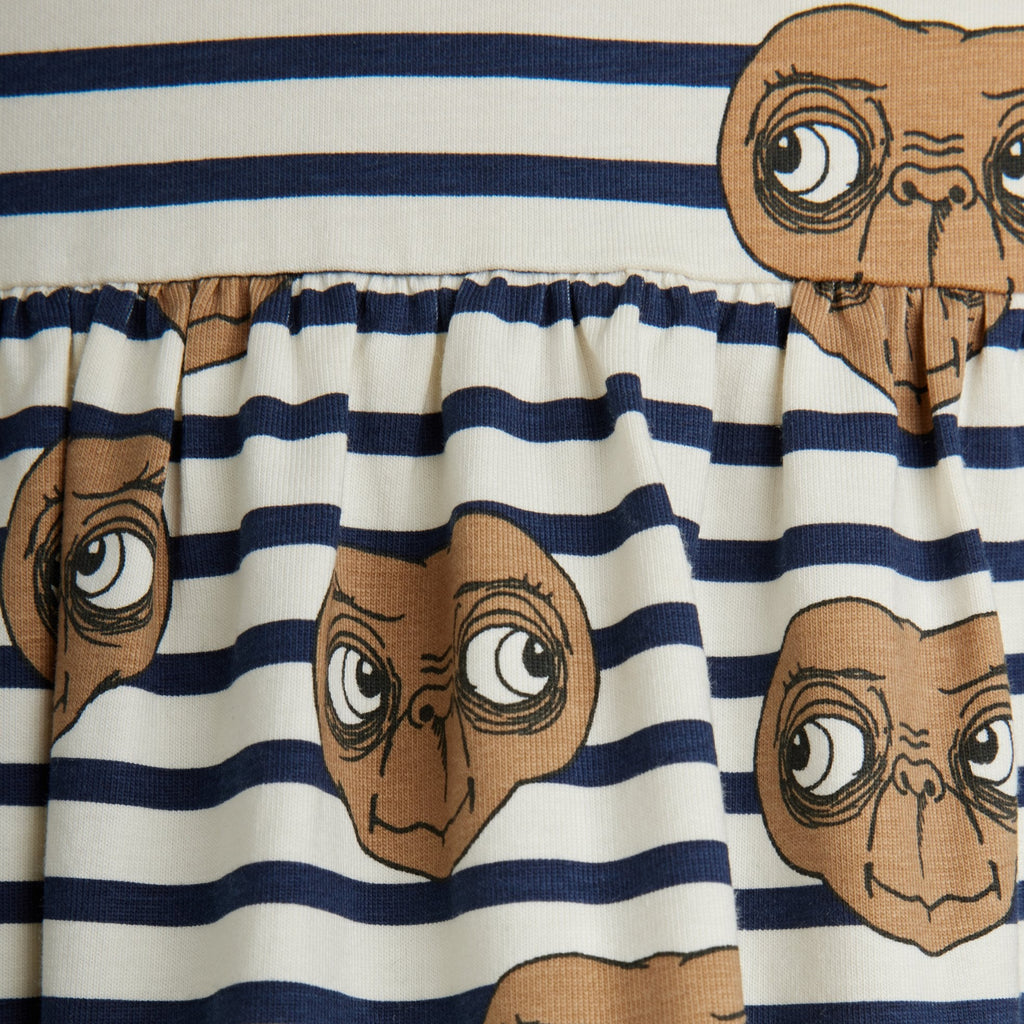 Organic cotton striped dress with E.T. print | 100% cotton | gathered at waist, full skirt | short sleeves | slight scoop neck | knee length |  print closeup
