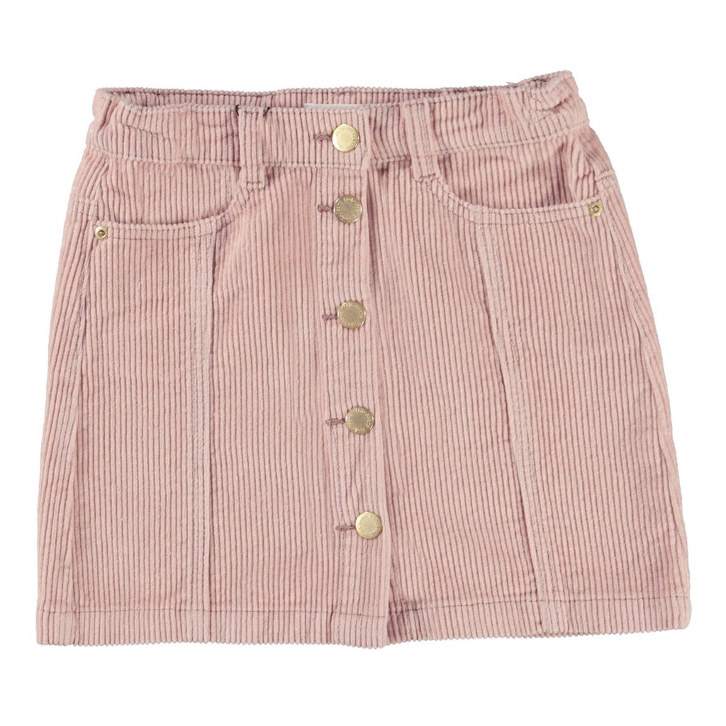 All cotton Blush Pink corduroy skirt | Sizes under 8 are snap close, Button close on larger sizes | Side pockets | Adjustable waist inside | Belt loops | Above knee length  - front