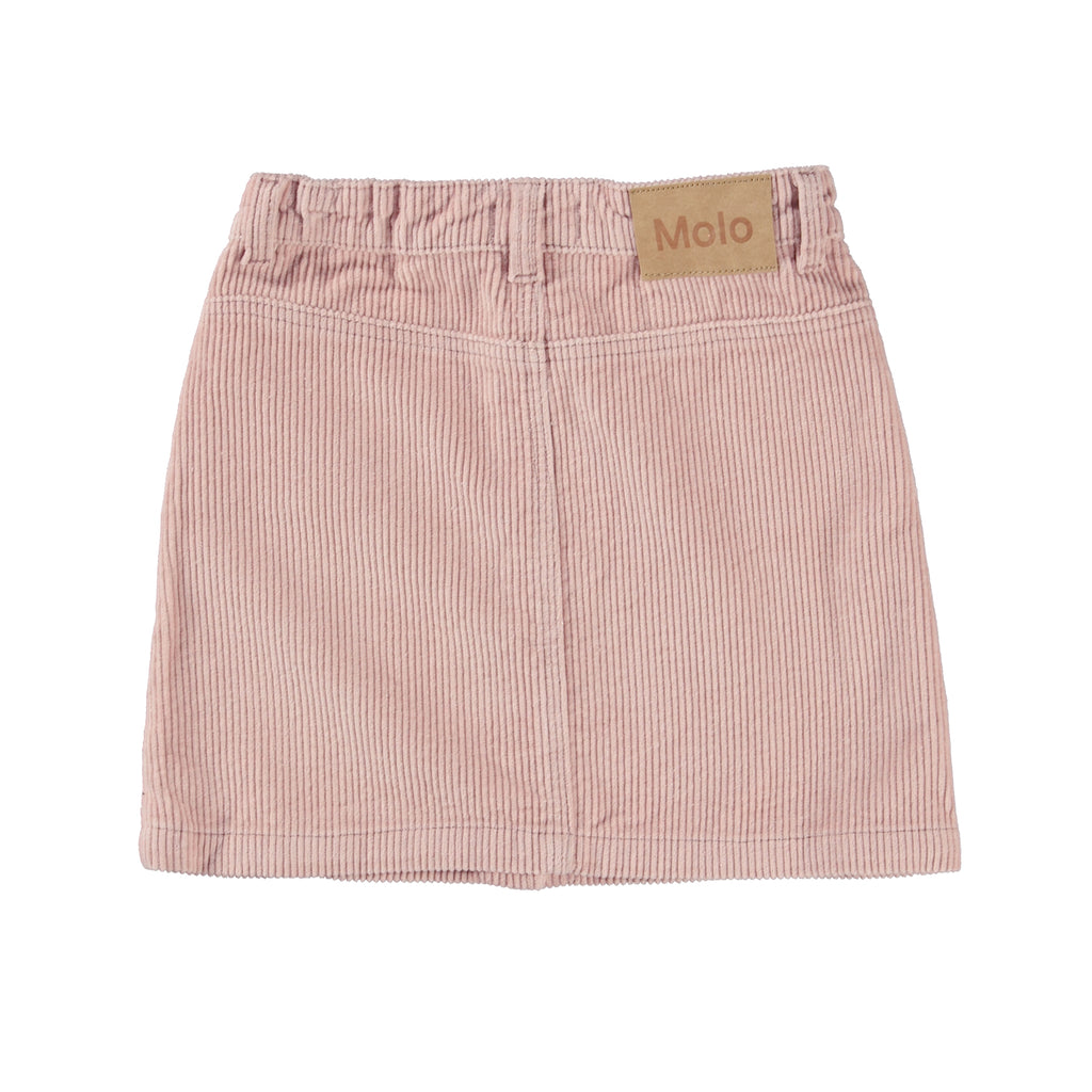 All cotton Blush Pink corduroy skirt | Sizes under 8 are snap close, Button close on larger sizes | Side pockets | Adjustable waist inside | Belt loops | Above knee length  - back
