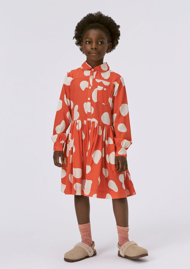 Amanita Red Viscose Long Sleeve Dress | Gathered at Waist | Button Front | 3 Pockets | Just Below Knee Length  | Red with White Print 