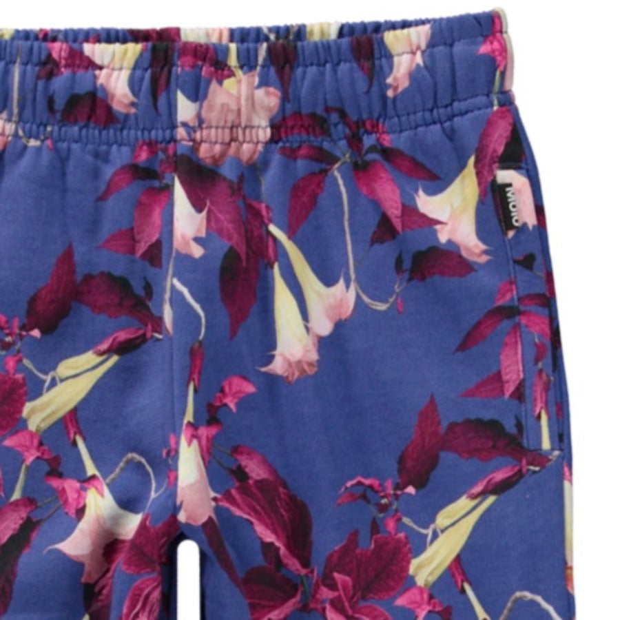 Trumpet Flower digital print joggers in Organic Cotton | Blue with Pink/Fuchsia Flowers | Elastic waist & ankle | Sizes 3 - 10 yr | closeup