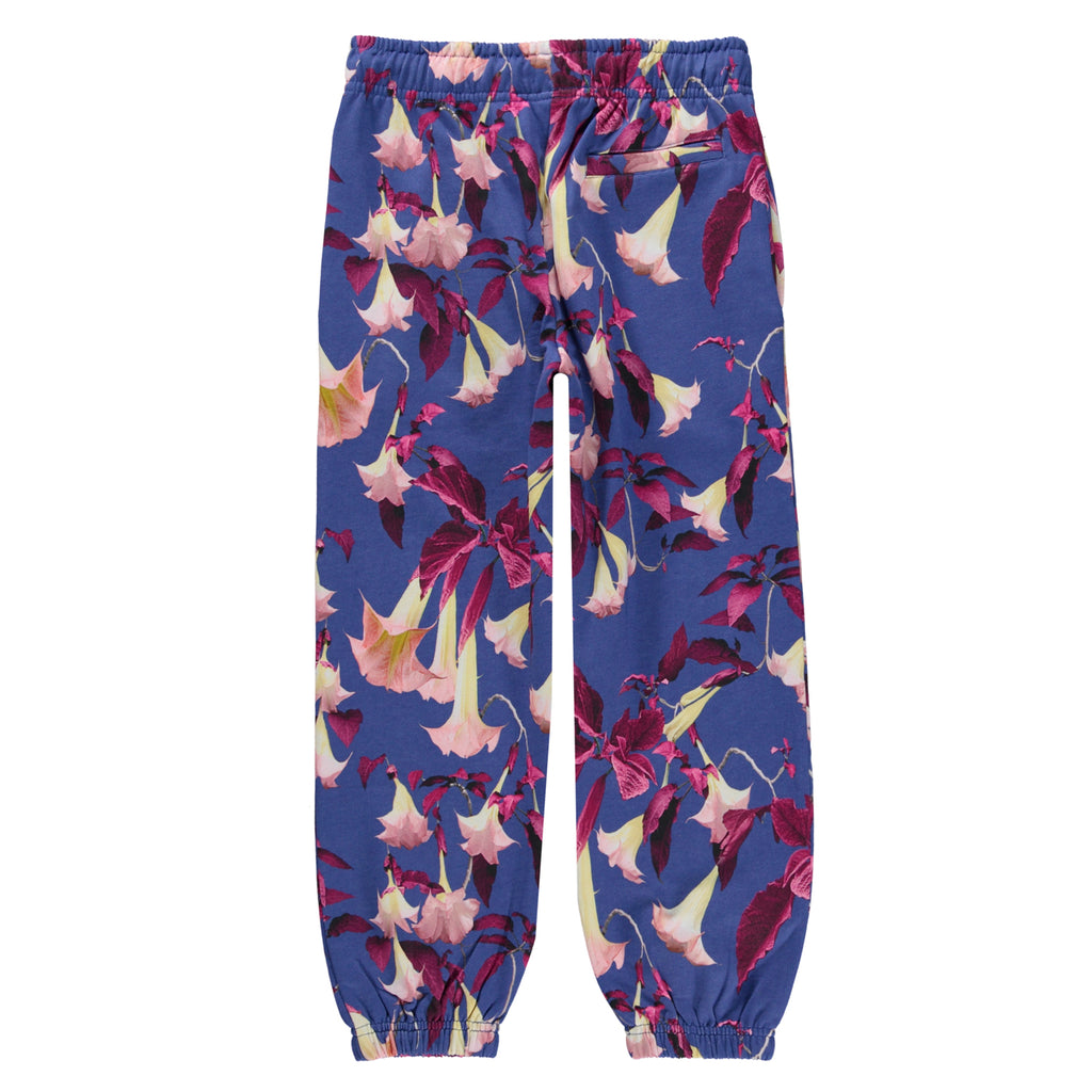 Trumpet Flower digital print joggers in Organic Cotton | Blue with Pink/Fuchsia Flowers | Elastic waist & ankle | Sizes 3 - 10 yr | back of pant