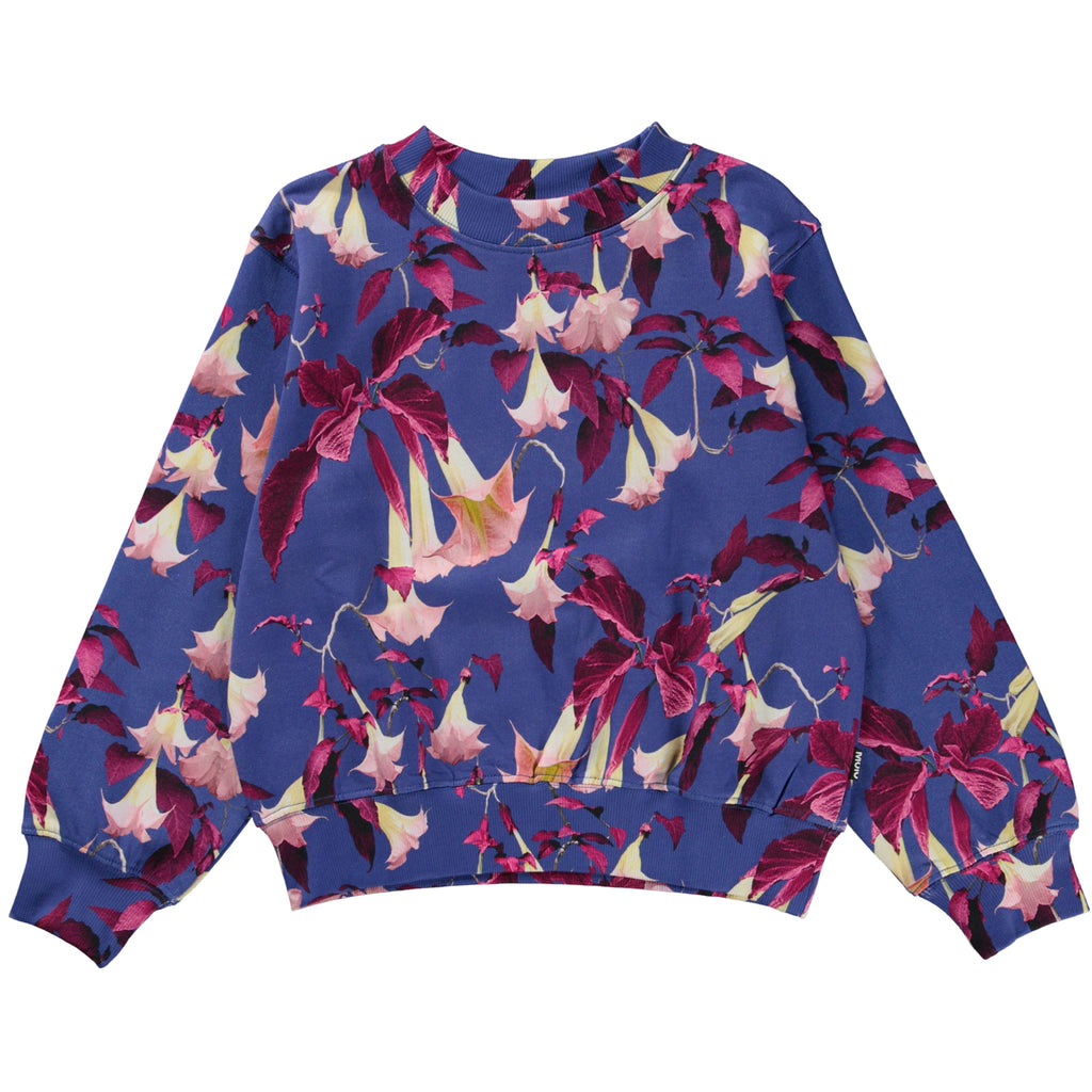 Trumpet Flower digital print sweatshirt in Organic Cotton | Blue with Pink/Fuchsia Flowers | Ribbed wrist & waist | Sizes 3 - 10 yr | shirt front