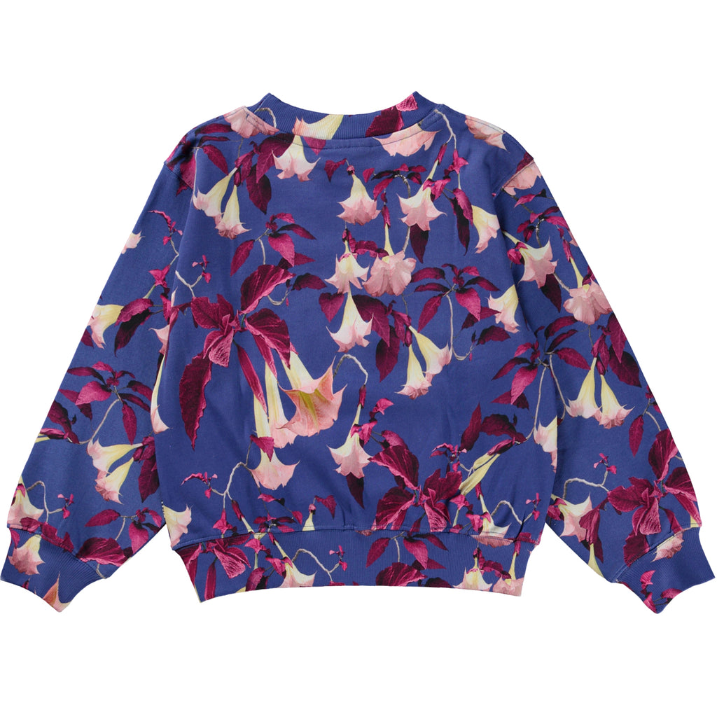 Trumpet Flower digital print sweatshirt in Organic Cotton | Blue with Pink/Fuchsia Flowers | Ribbed wrist & waist | Sizes 3 - 10 yr | shirt back