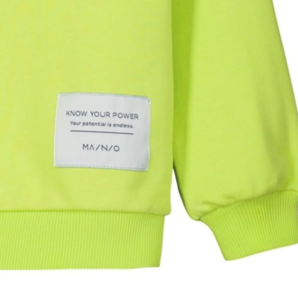 Mainio Acid Lime Organic Cotton Sweatshirt | "Know Your Power - Your Potential is Endless" patch | Ribbed at wrist and waist | Brushed cotton on inside is super soft - patch closeup