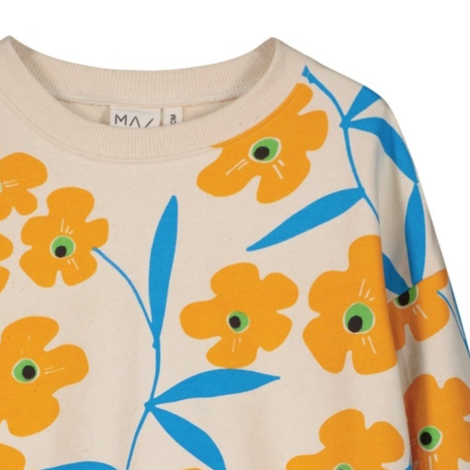 Happy Blooms print on undyed organic cotton sweatshirt for kids  Ribbed at wrist and waist | Yellow and Blue Floral Print | 100% organic - closeup