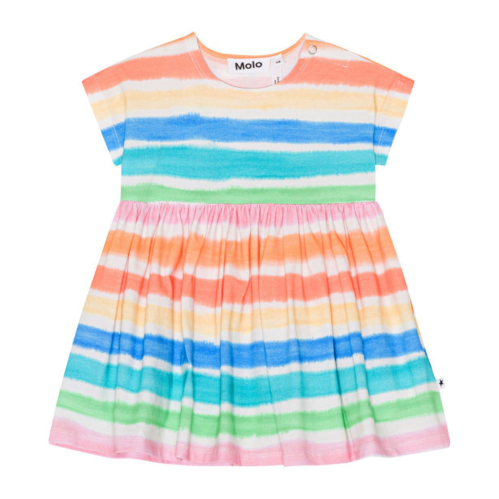 Molo Organic Cotton Infant Dress | Snap close at shoulder | Short Sleeve | Rainbow colored stripes - front