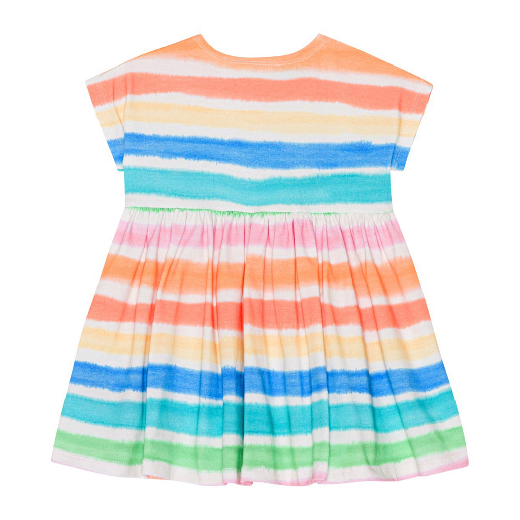 Molo Organic Cotton Infant Dress | Snap close at shoulder | Short Sleeve | Rainbow colored stripes - back
