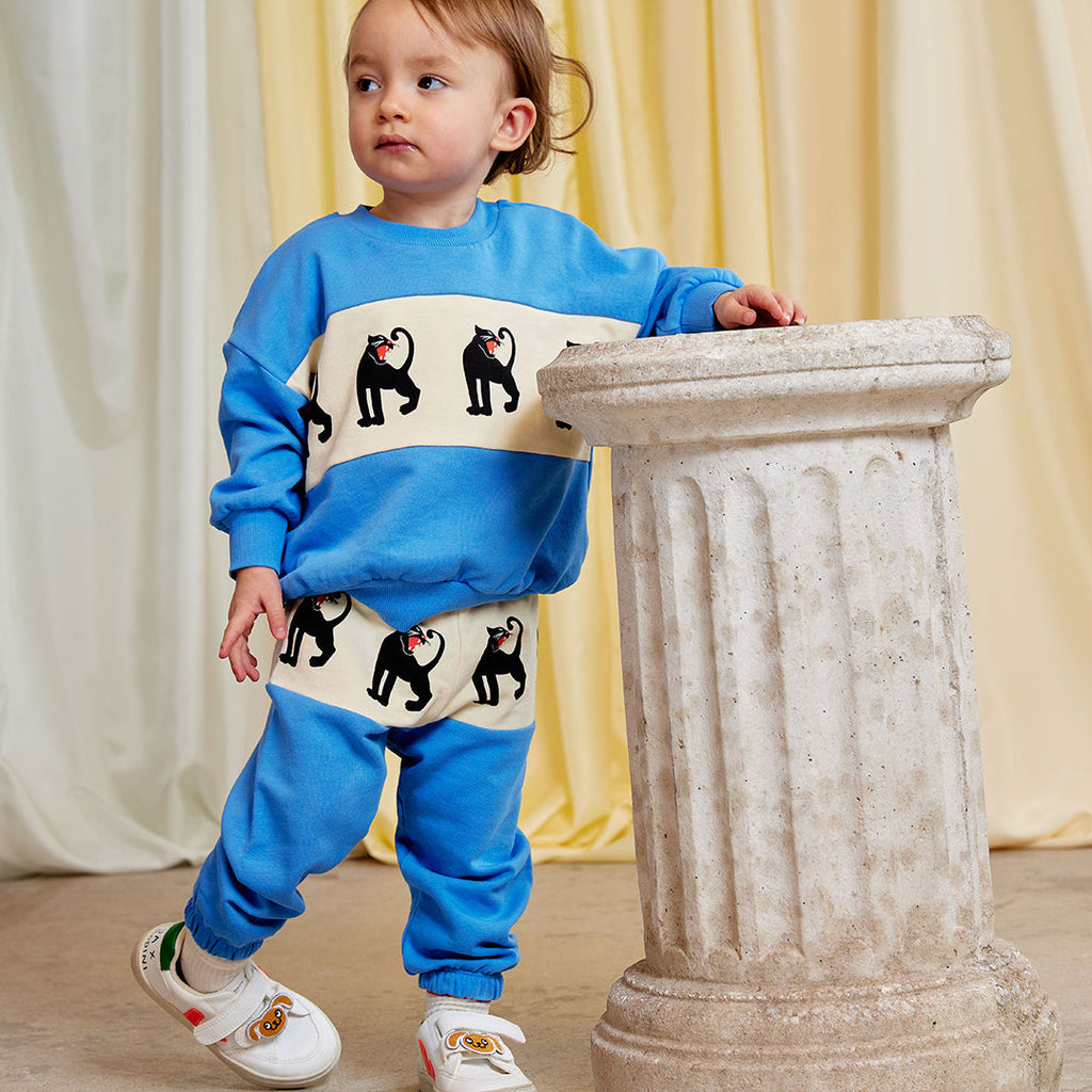 Aqua blue cotton sweatshirt with white panel and Mini Rodini iconic panther print. Relaxed fit for kids to 11 years