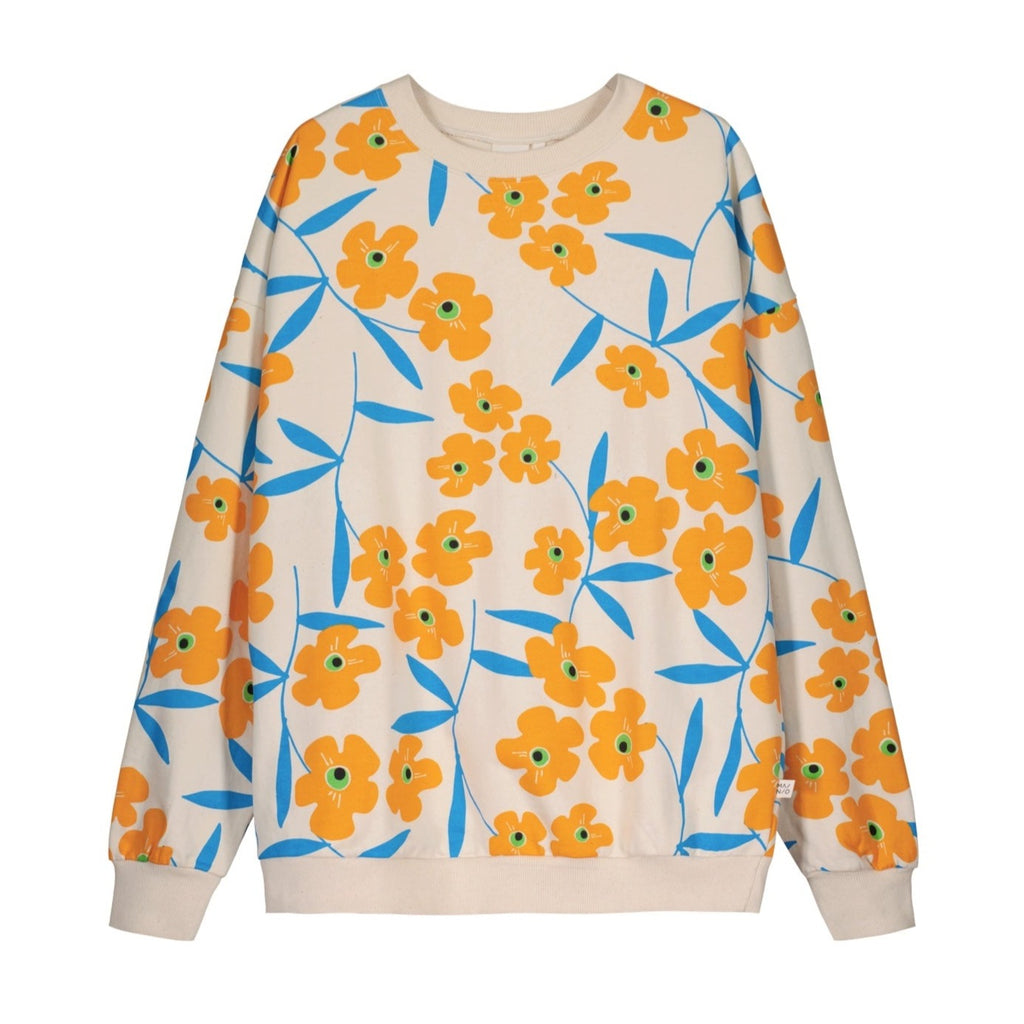 Adult Happy Blooms Sweatshirt | Undyed Organic Cotton | Yellow and Blue all-over floral print | XS to XL