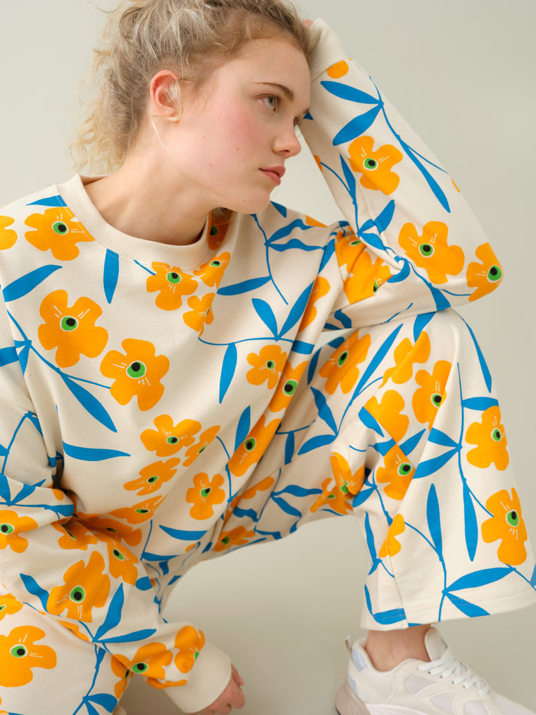 Adult Happy Blooms Sweatshirt | Undyed Organic Cotton | Yellow and Blue all-over floral print | XS to XL
