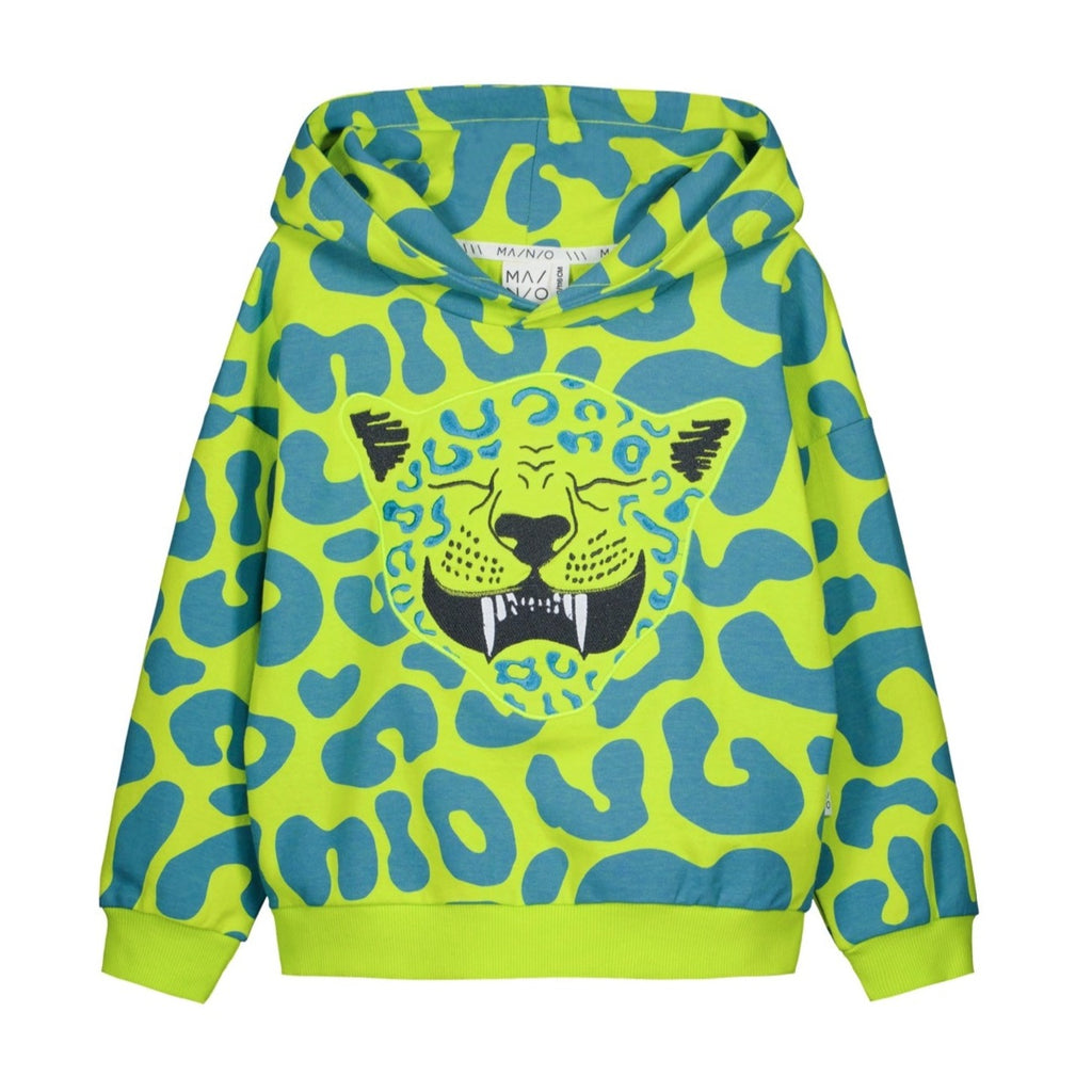 Mainio Leo Acid Lime Hoodie with ribbed wrists and waist | Organic Cotton Kids Hoodie | Leo Face Applique on front