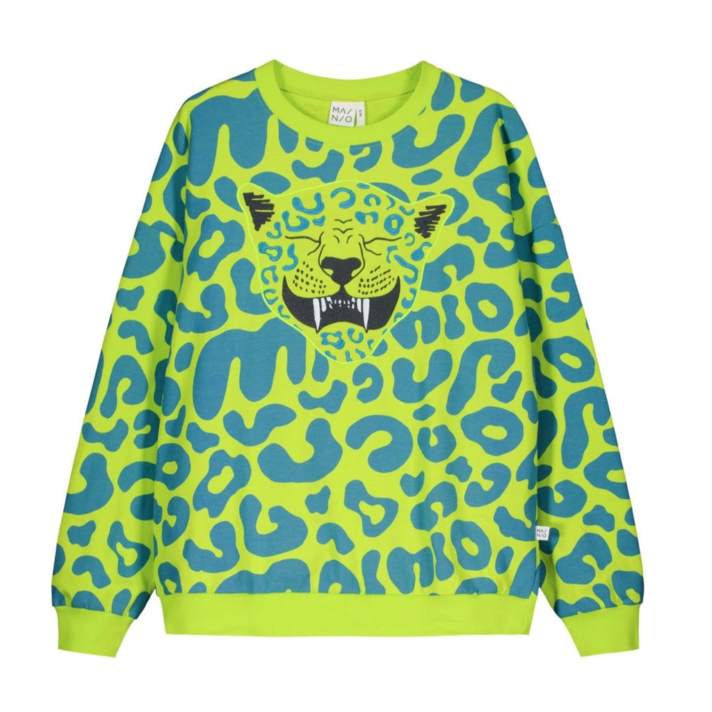 Mainio Adult Acid Lime Animal Print Sweatshirt with Leo Applique on Front  | Long Sleeve | Ribbing at wrist and waist