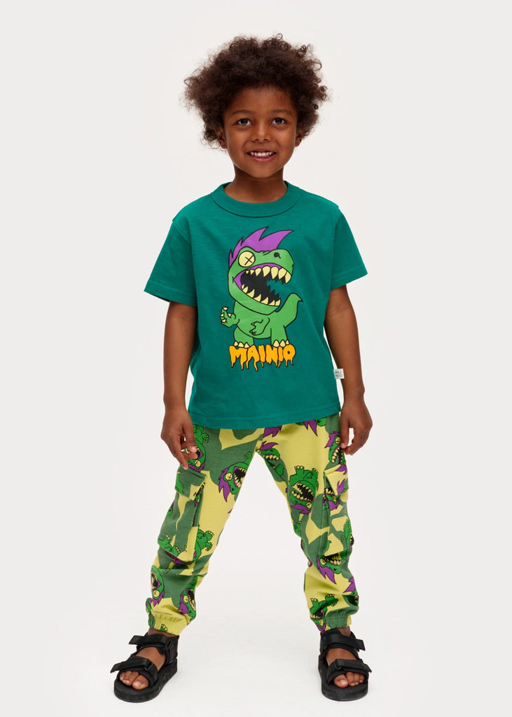 Roar! Dinosaur Sweatpants | Light & Dark Green | Elastic waist & ankle | Sizes 2 thru 8 - lifestyle pic