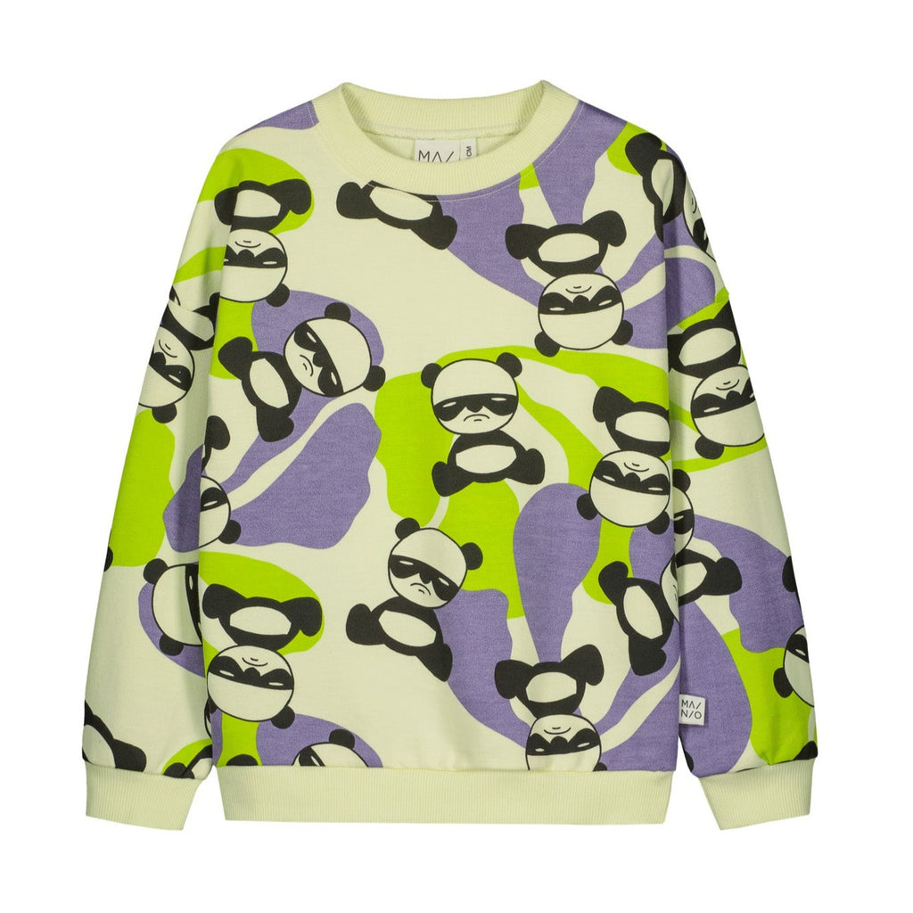 Spy Panda Print Cream Cotton Sweatshirt | Lime Green & Lavender accents | banded at neck/wrist/waist  