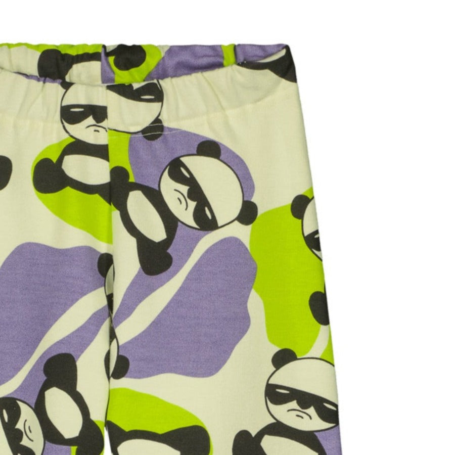 Spy Panda Print Cream Cotton Sweatpants | Lime Green & Lavender accents | Elastic waist & ankles   - closeup