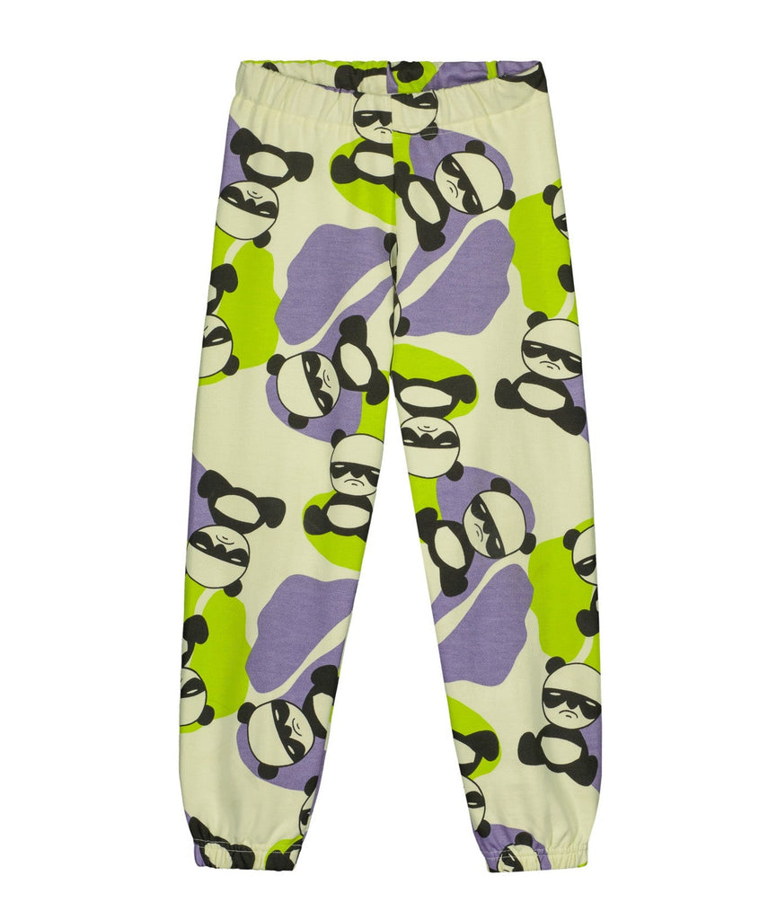 Spy Panda Print Cream Cotton Sweatpants | Lime Green & Lavender accents | Elastic waist & ankles  