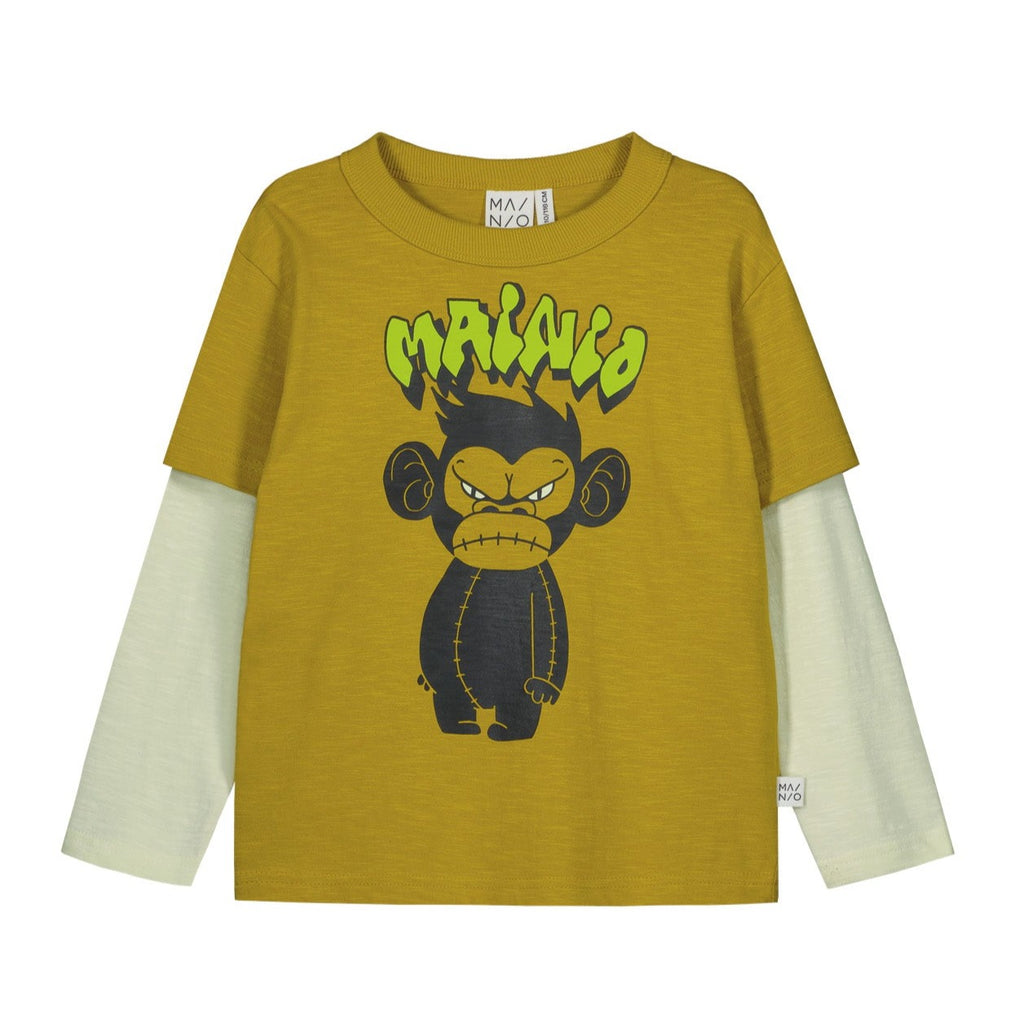 Grumpy Chimba Stuffed Animal Decoration on Dual Length Sleeved Cotton Tee | by Mainio; High Quality Kids Clothing from Finland 