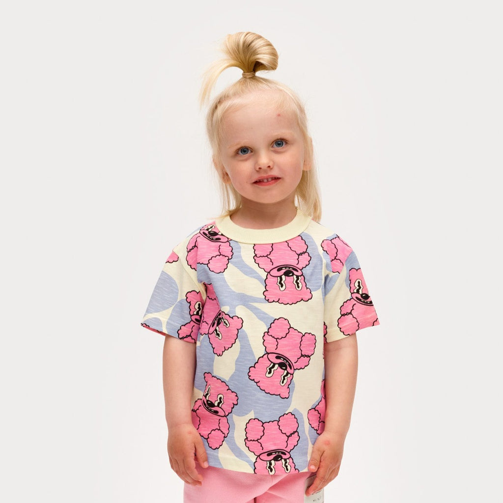Pink Jelly Bear Cotton Tee  on Offwhite | Short Sleeve | Open at waist | Cutest Pink Jelly Bears - toddler modeled