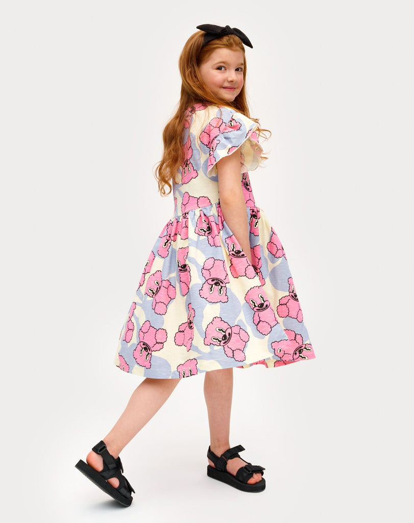 Pink Jelly Bears on Offwhite Dress | Cotton Summer Girls Dress | Ruffled Sleeve at shoulder | Just Under the Knee Length | Back of Dress