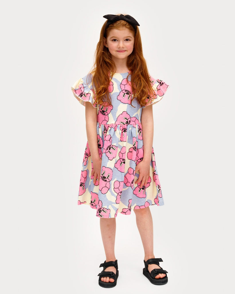 Pink Jelly Bears on Offwhite Dress | Cotton Summer Girls Dress | Ruffled Sleeve at shoulder | Just Under the Knee Length | Front view