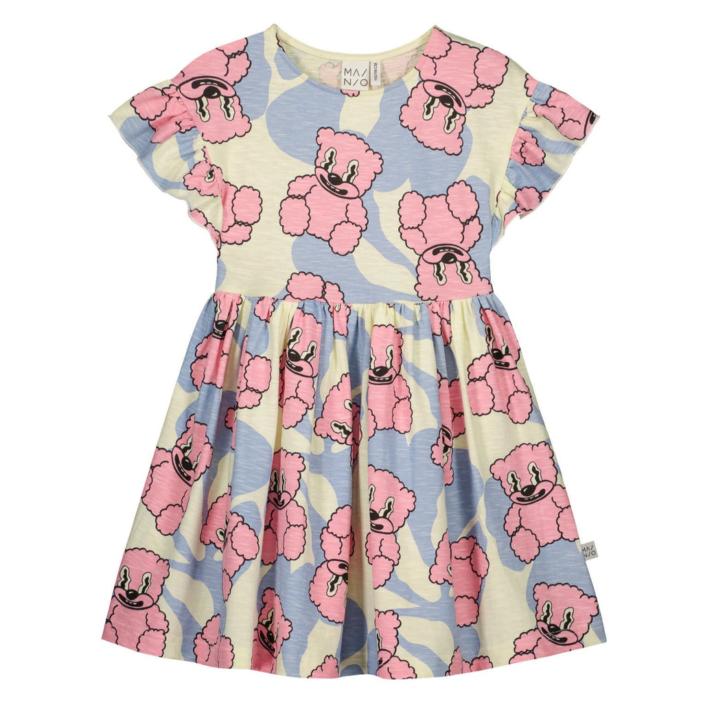 Pink Jelly Bears on Offwhite Dress | Cotton Summer Girls Dress | Ruffled Sleeve at shoulder | Just Under the Knee Length 