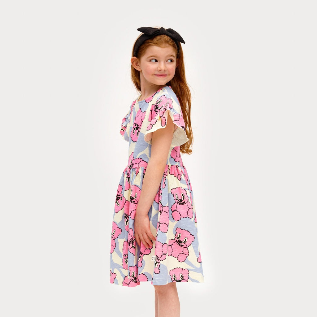 Pink Jelly Bears on Offwhite Dress | Cotton Summer Girls Dress | Ruffled Sleeve at shoulder | Just Under the Knee Length | Side View
