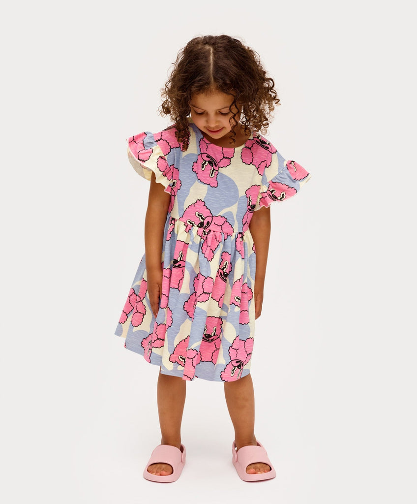 Pink Jelly Bears on Offwhite Dress | Cotton Summer Girls Dress | Ruffled Sleeve at shoulder | Just Under the Knee Length | Model  pic
