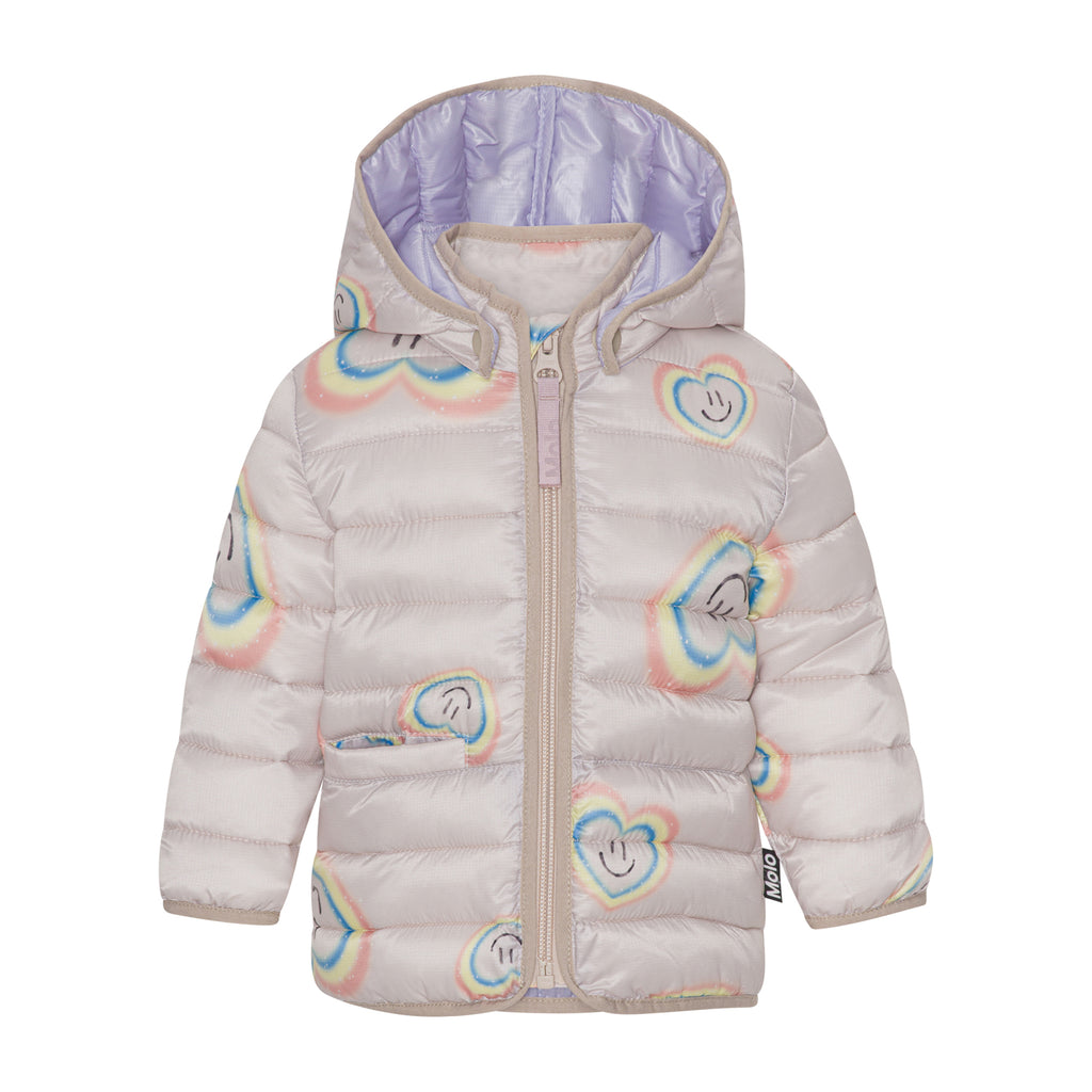 Molo Infant/Toddler Winter Jacket in Light Pink with Heart Print | Sizes 12m - 4y | Removable Hood | Standup Collarr