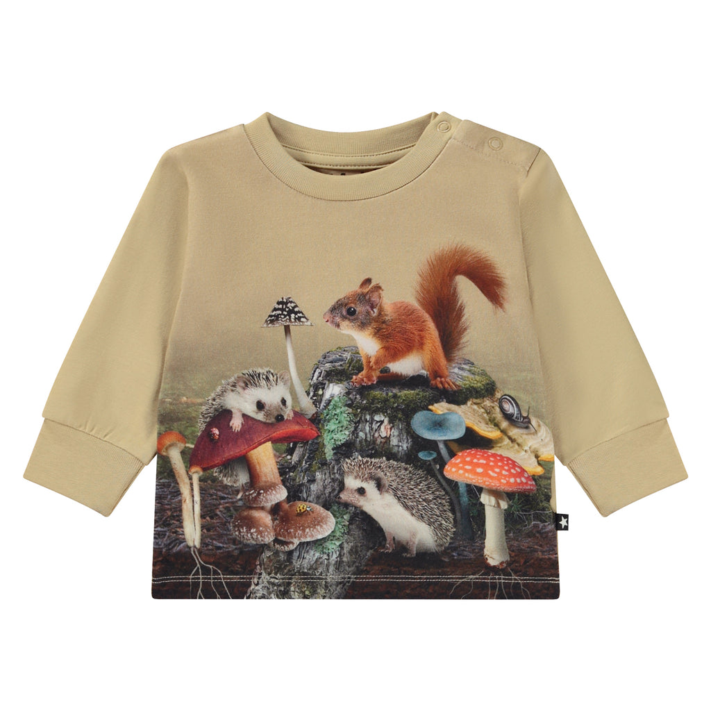Digital Print Forest Wildlife Infant|Toddler Shirt | Long Sleeve | Organic Cotton | Snap Close at shoulder |- front of shirt