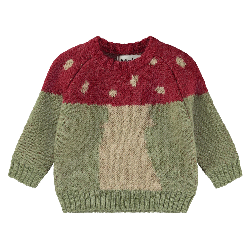 Amanita Mushroom Wool Sweater for Infant/Toddler | Green Sweater with Red/Beige Mushroom | 70% Alpaca Wool and Acrylic blend  | Sizes 6m thru 4T