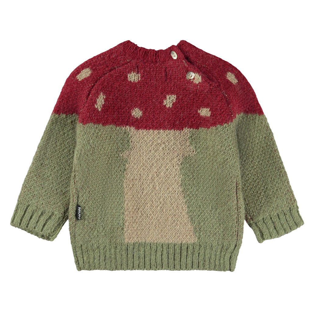 Amanita Mushroom Wool Sweater for Infant/Toddler | Green Sweater with Red/Beige Mushroom | 70% Alpaca Wool and Acrylic blend  | Sizes 6m thru 4T - back of sweater