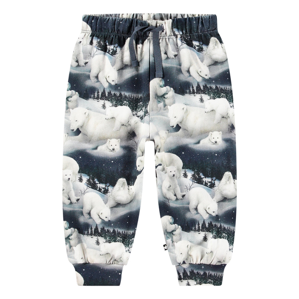 Dark Blue Sweatpants with Digital Print Polar Bear Family, elastic waist with drawstring, elastic ankles, organic cotton