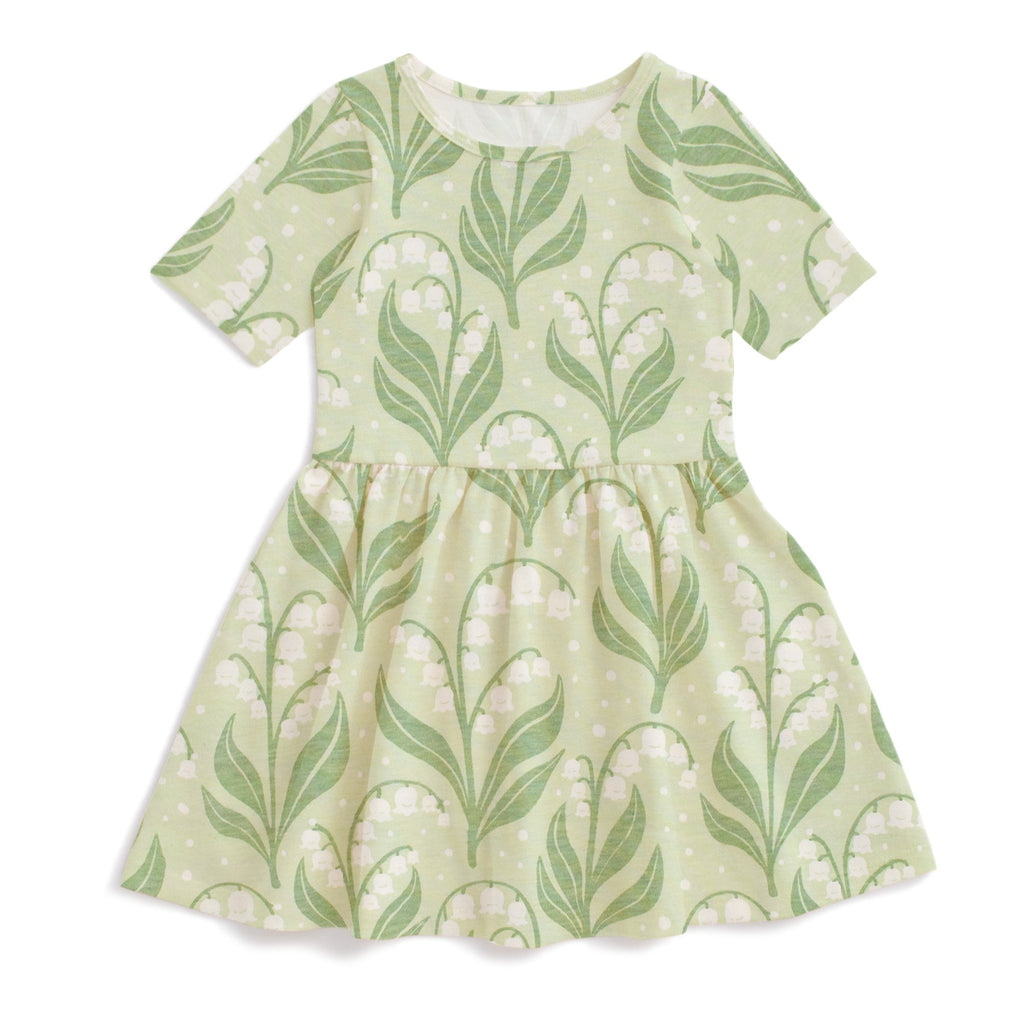 Girls all cotton dress in Lilies of the Valley print | Short sleeves | full skirt gathered at waist | Girls sizes 2T to 10