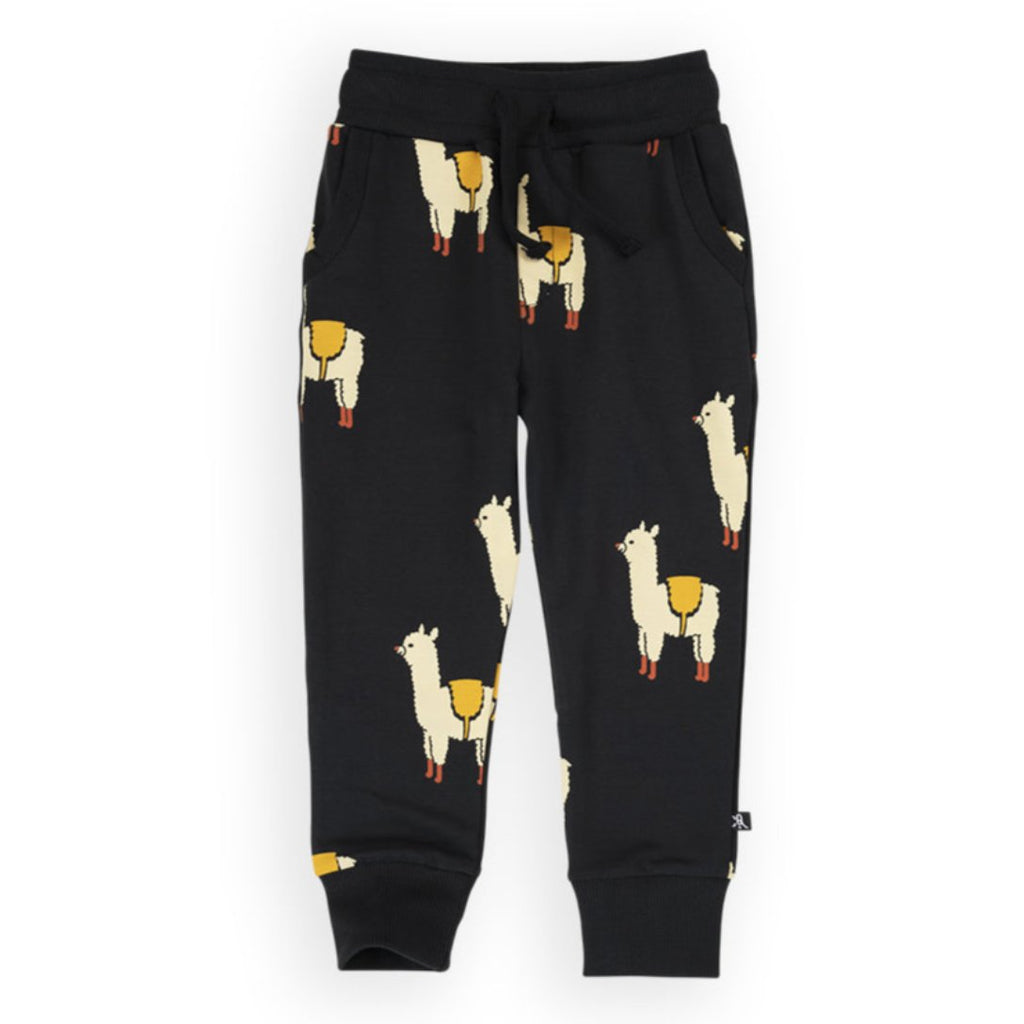 Black Organic Cotton Sweatpant with Alpacas Scattered over; Wide elastic waist, side pockets; ribbed at ankles