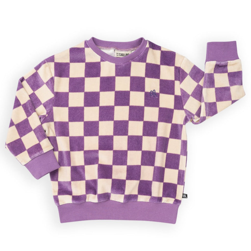 CarlijnQ Purple/White Checked Velvet Long Sleeve Sweater